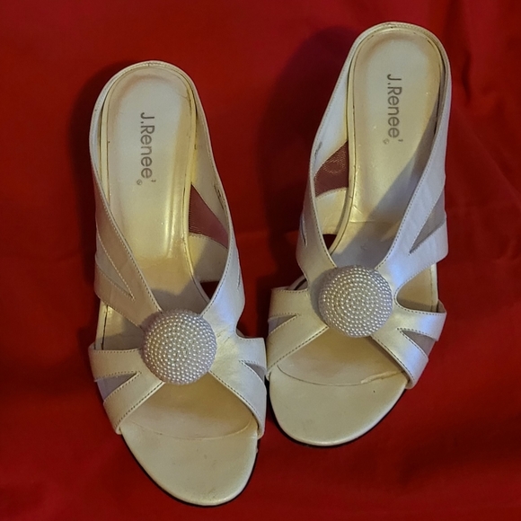 J. Renee' Pearl Ivory Leather & Mesh Slide Dress Sandals with Faux Pearl Accent - Picture 2 of 6
